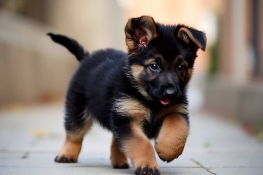 Tatlı Alman çoban köpeği sokaklarda yürüyor.