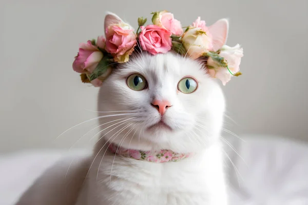 Kat Met Een Kroon Van Roze Bloemen Een Witte Achtergrond — Stockfoto
