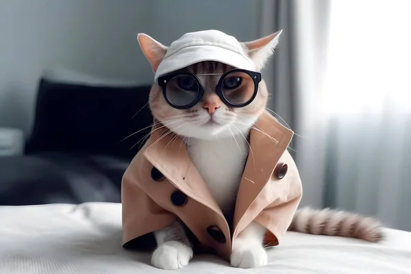 Katze Mantel Und Sonnenbrille Eine Lustige Katze Kleidern Eine Spionagekatze — Stockfoto
