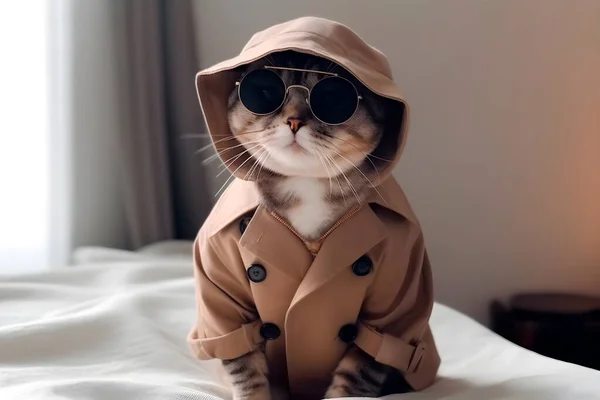 코트입고 선글라스낀 고양이 고양이 스파이 고양이 — 스톡 사진