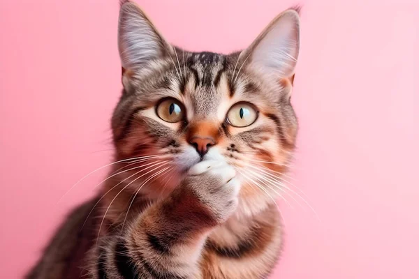 驚いた猫が足で口を覆っていた 面白いかわいい猫 — ストック写真