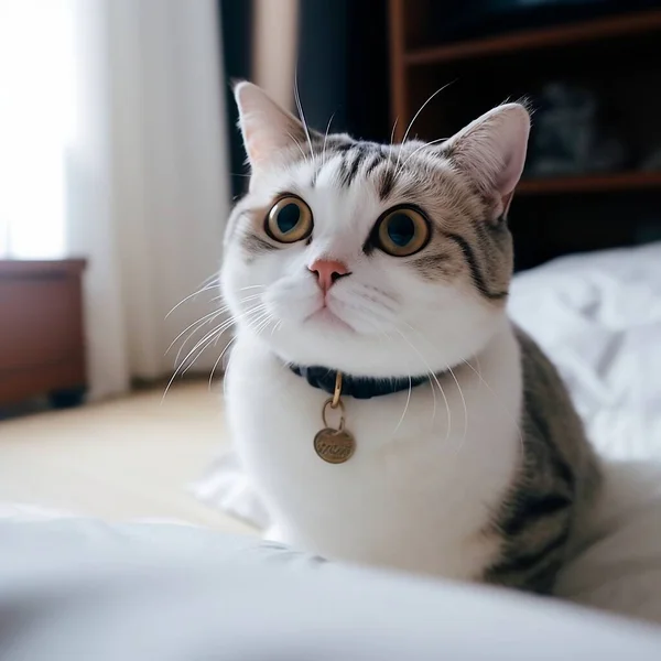 ベッドの上の美しいスコットランドの猫 肖像画 かわいい顔 — ストック写真