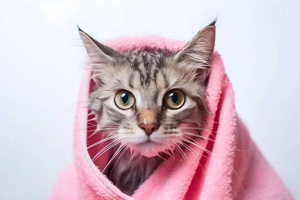 白い背景のピンクのタオルの中のぬれた かわいい猫 — ストック写真
