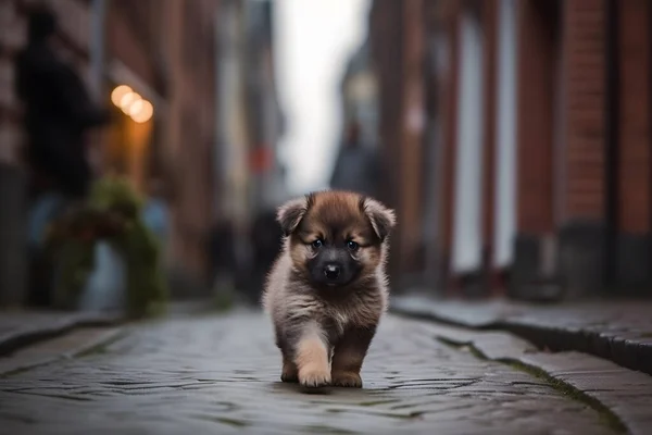街の通りで可愛い子犬が — ストック写真