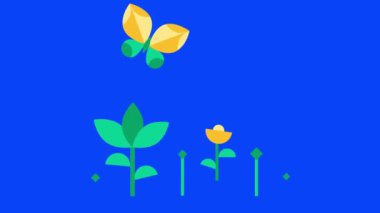 4k video of cartoon green plants and flower on navy blue background. Concept of exploring world.