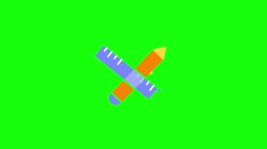 Yeşil arkaplanda cetvel ve kalem simgesinin 4k videosu. Ofis ögeleri kavramı.