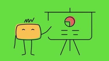 4k vertical video of cartoon fictional character with a diagrams. Concept of fictional character.