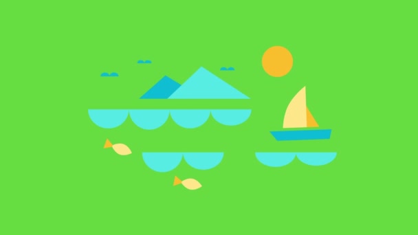 Vertical Video Sea Mountains Ship Green Background Concept Exploring — Stock Video