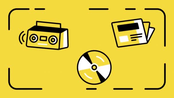 黄色の背景に音楽コラムの漫画セットの4Kビデオ 音楽の概念 — ストック動画