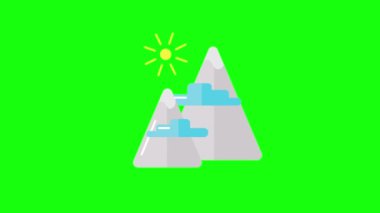 Çizgi film dağlarının ve yeşil arkaplanda bulutların 4k videosu. Seyahat kavramı.