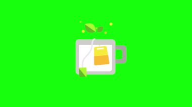 4k video of cartoon tea in a cup on green background. Concept of drinks