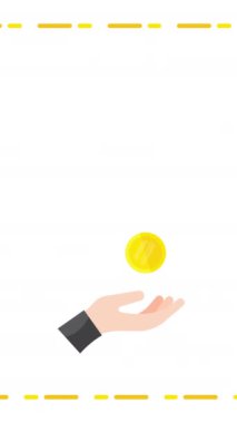 4k vertical video of cartoon coin in hand on white background. Concept of money.