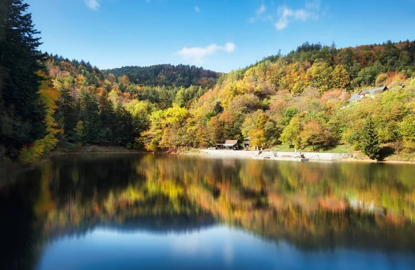 Lac Avec Reflet Forêt Automne Dans Eau Slovaquie Tajch Klinger — Photo
