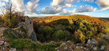 Sonbahar ormanlı dağ manzarası, Pajststun Şatosu harabesi - Bratislava, Slovakya