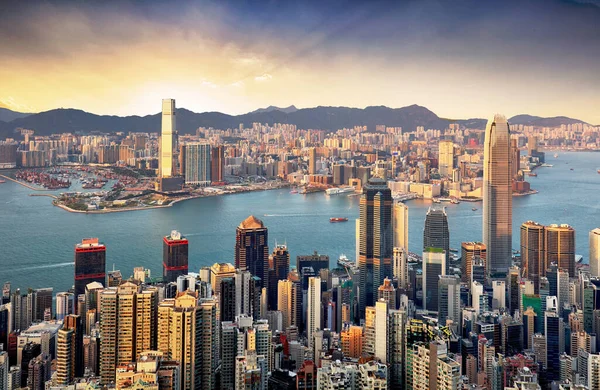 stock image Hong Kong skyline panorama at dramatic sunset, China - Asia
