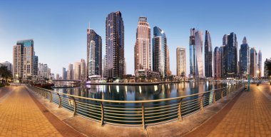 Dubai Marina panorama at sunrise, nobody. United Arab Emirates