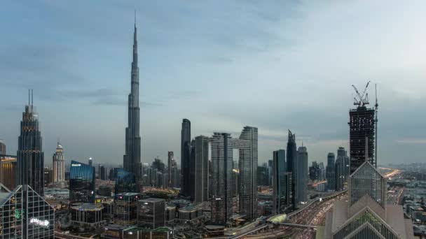 Time Lapse Dramatic Sunrise Dubai Skyline Panorama Burj Khalifa Skyscrapers — Stock video
