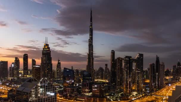 Lapso Tempo Dubai Horizonte Pôr Sol Com Burj Khalifa Vista — Vídeo de Stock