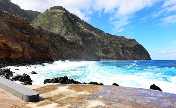 Porto Moniz - rocks and waves at vulcanic coast - beautiful landscape scenery of Madeira Island, Portugal