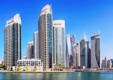 Dubai, UAE, January 11 2023: Luxury Dubai Marina canal and promenade in beautiful summer day,Dubai,United Arab Emirates