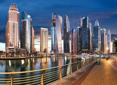 Dubai canal Marina skyline panorama at night, United Arab Emirates