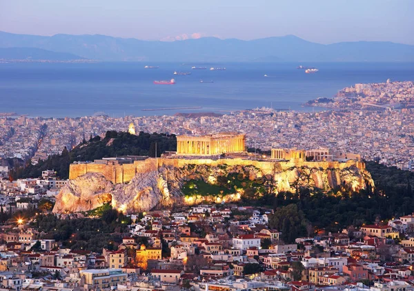 Paesaggio Urbano Atene Con Collina Illuminata Dell Acropoli Pathenon Mare — Foto Stock