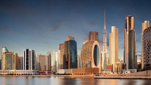 Panorama Del Horizonte Del Centro Dubái Por Noche Emiratos Árabes — Foto de Stock