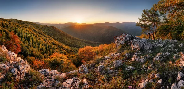 Φθινοπωρινή Ανατολή Στα Καρπάθια Βουνά Ομιχλώδες Πρωινό Ήλιο — Φωτογραφία Αρχείου