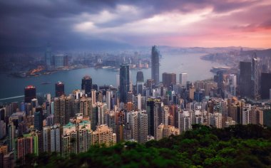 Hong Kong, Çin 'in dramatik gündoğumu - panorama silüeti