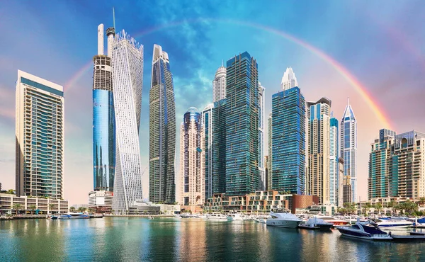 Arco Iris Sobre Dubai Marina Con Rascacielos Emiratos Árabes Unidos — Foto de Stock