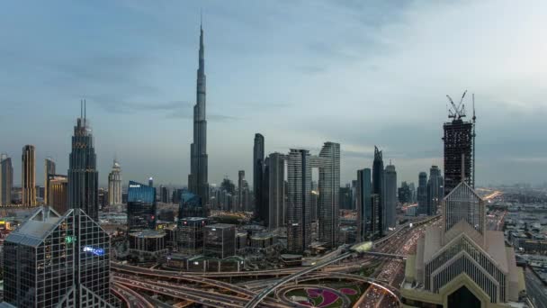 Dubai Skyline Time Lapse Day Nigh Burj Khalifa Aerial View — Stock Video
