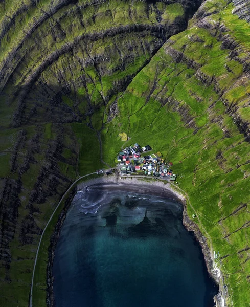 Aerial View Tjornuvik Village Its Beach Located Beautiful Bay Faroe — Stock Photo, Image