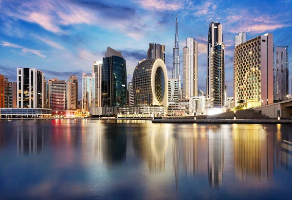 Panorama Van Skyline Centrum Dubai Nachts Verenigde Arabische Emiraten — Stockfoto