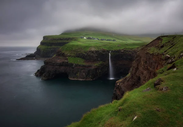 Gasadalur Village Beautiful Waterfall Dark Clouds Vagar Faroe Islands Denmark — Stock Photo, Image