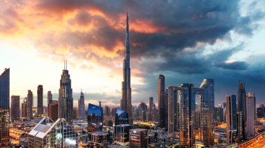 Dubai skyline at sunset with Burj Khalifa - aerial view, United Arab Emirates