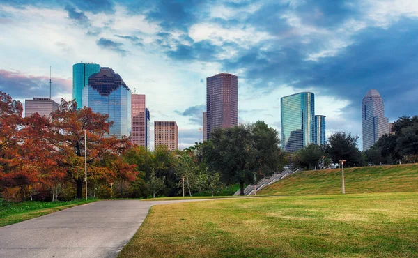米国テキサス州の公園の草から晴れた日のヒューストン スカイライン — ストック写真