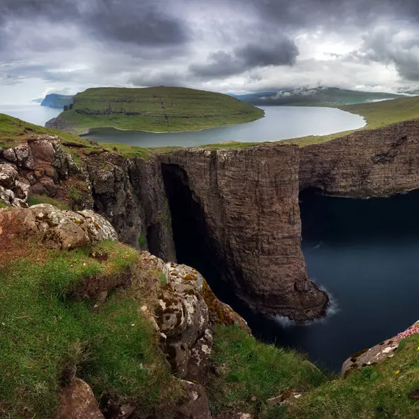 Faroe Islands Landscape Hike Traelanipa Slave Cliff Leitisvatn Lake Steep Stock Photo