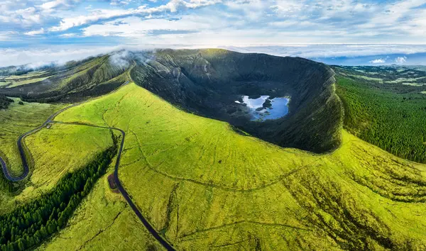 Azores Faial Island Aerial View Drone Green Volcano Caldeira Sunrise Stock Picture