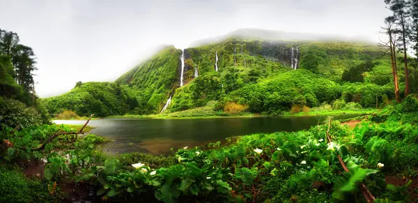Panorama Ribeira Ferreiro Waterfalls Green Paradise Hidden Flores Island Azores Royalty Free Stock Photos