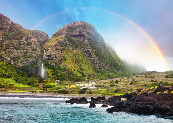 Waterfall Rainbow Faja Grande Flores Island Azores Portugal Europa Stockbild