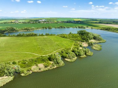 İHA 'dan gelen yeşil çayır ve ormanlı göl