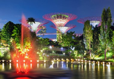 Singapur - Geceleri Supertree bahçesi, körfezin yanındaki bahçe