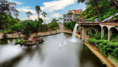 Portekiz 'deki Funchal, Madeira Adası' nda bulunan Monte Palace tropikal bahçesindeki çeşme ve yapay şelale. Uzun pozlama.