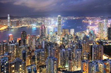 Hong Kogn şehir merkezi ve geceleri bina, Çin