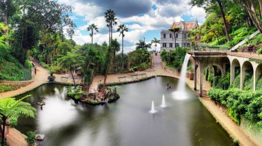 Portekiz 'deki Funchal, Madeira Adası' nda bulunan Monte Palace tropikal bahçesindeki çeşme ve yapay şelale. Uzun pozlama.