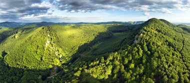 Kayalarla kaplı dağ manzarası, dağın tepesinden geçmek, güneşli tepeler. Erkek (Little) Karpaty, Slovakya, Slovakya dağ sırasının resimli manzarası.