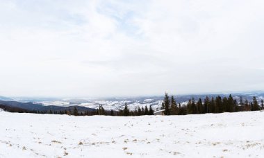 Karpatya dağlarında karla kaplı bir manzara.