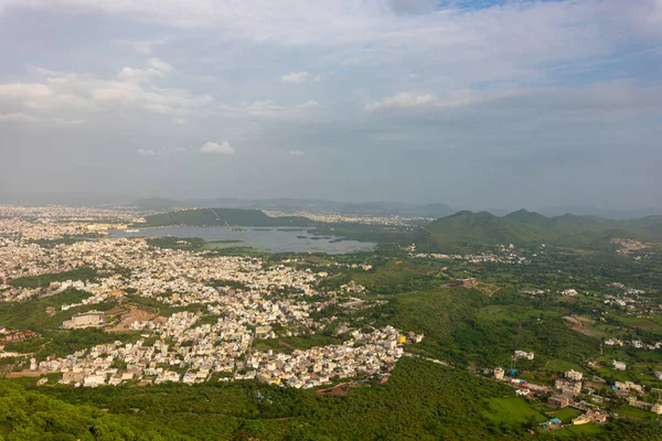 Aerial View Udaipur City Aravelli Hills Pratap Hills Tourist Destination Stock Image