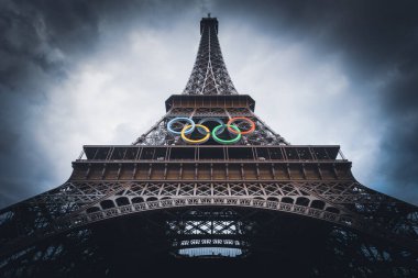 Paris, France,07-13-2024: Olympic rings on the famous Eiffel tower in Paris for the sports event of the year photo image editorial clipart