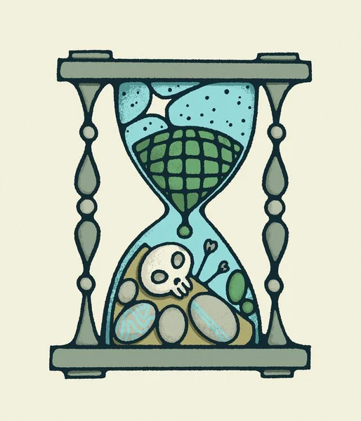 Vintage illustration of a sand clock with earth, which transforms into bones and stones. Life is fleeting